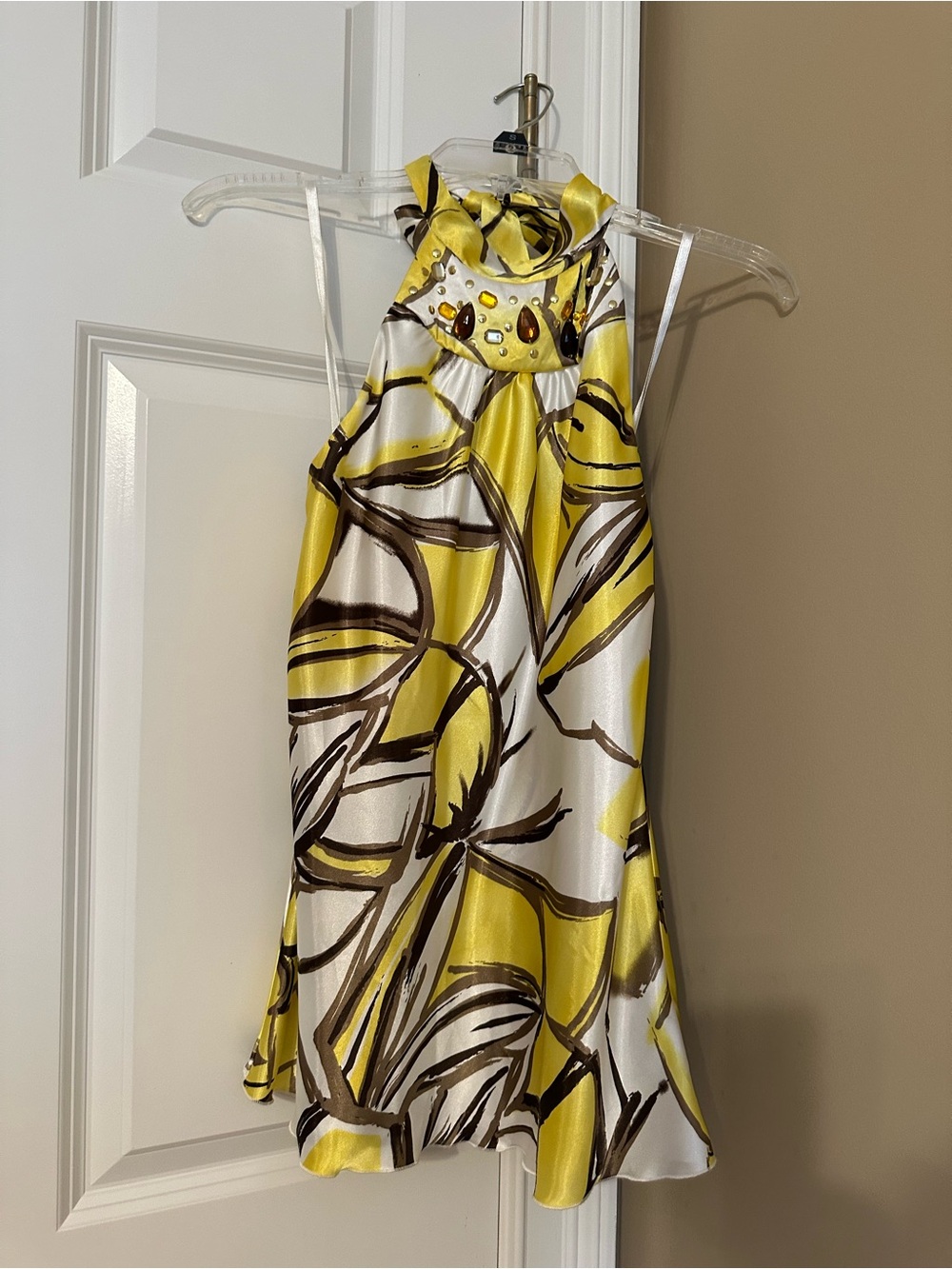 Byer California Yellow and White Floral Halter Top with Jewel Detail